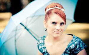 Redhead Blue Eyes Girl Umbrella Mood wallpaper thumb