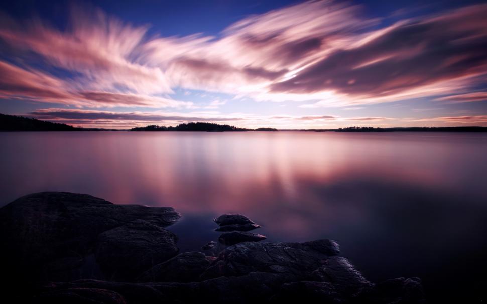 Purple sunset, white clouds in the sky, lake water wallpaper,Purple HD wallpaper,Sunset HD wallpaper,White HD wallpaper,Clouds HD wallpaper,Sky HD wallpaper,Lake HD wallpaper,Water HD wallpaper,2560x1600 wallpaper