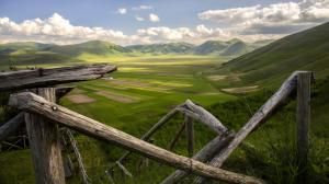 Fence Landscape Mountains Green Clouds Grass HD wallpaper thumb