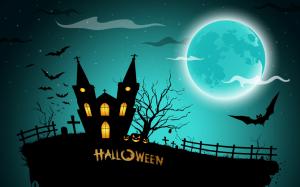 Halloween, creepy midnight, pumpkins, bats, house, full moon wallpaper thumb