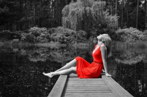 women outdoors dress closed eyes selective coloring water model women outdoors pier red dress wallpaper thumb