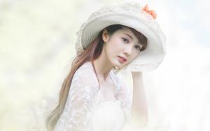 White dress asian girl, hat wallpaper thumb