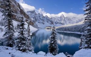 Winter, snow-covered mountains and trees, icy lake wallpaper thumb