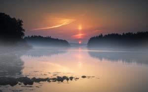 Landscape, Nature, Lake, Mist, Sunset, Trees, Sky, Calm, Water wallpaper thumb