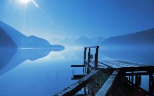 Dock Lake Reflection Sunlight Landscape Blue HD wallpaper thumb