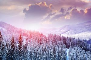 landscape, winter, snow, trees, mountains, forest, sky, clouds wallpaper thumb