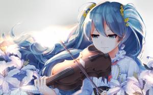 Hatsune Miku, Vocaloid, Violin, Flowers, Anime, Anime Girl wallpaper thumb