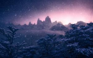 Mount Fitz Roy, Argentina, Andes, winter, snow, trees, mountains, dusk wallpaper thumb
