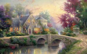 Lamplight manor, art painting, house, bridge, river, lamps, trees, dusk wallpaper thumb