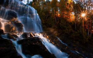 Autumn, forest, waterfalls, rocks, trees, sunlight wallpaper thumb