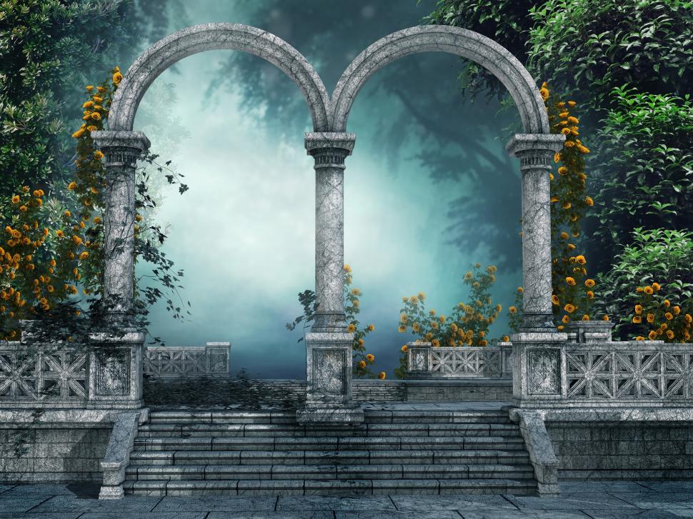 Art pictures, park, trees, fog, arch, yellow flowers wallpaper,Art HD wallpaper,Pictures HD wallpaper,Park HD wallpaper,Trees HD wallpaper,Fog HD wallpaper,Arch HD wallpaper,Yellow HD wallpaper,Flowers HD wallpaper,2560x1920 wallpaper