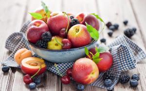 Fruit close-up, peaches, nectarines, cherries, blueberries wallpaper thumb