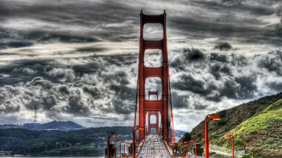 Wonderful Golden Gate Bridge Hdr wallpaper,hills HD wallpaper,bridge HD wallpaper,cars HD wallpaper,clouds HD wallpaper,nature & landscapes HD wallpaper,1920x1080 wallpaper