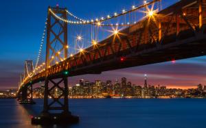 Oakland Bridge Bridge San Francisco Ocean Lights Buildings Skyscrapers HD wallpaper thumb