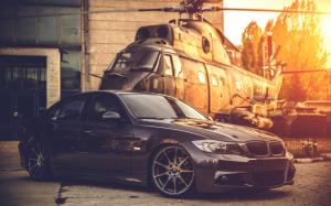 BMW E90 car, helicopter, sunset wallpaper thumb