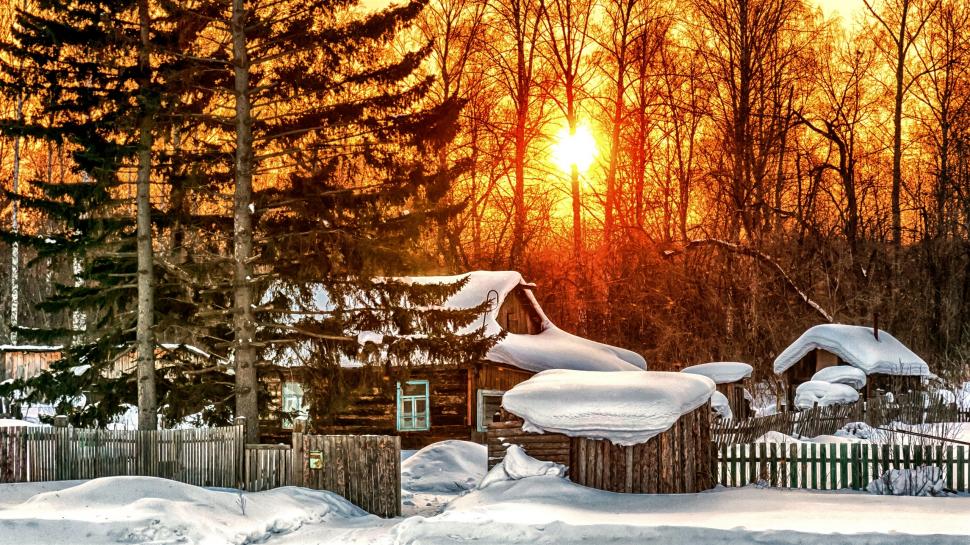 Winter, trees, house, sunrise, snow wallpaper,Winter HD wallpaper,Trees HD wallpaper,House HD wallpaper,Sunrise HD wallpaper,Snow HD wallpaper,2560x1440 wallpaper