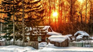 Winter, trees, house, sunrise, snow wallpaper thumb