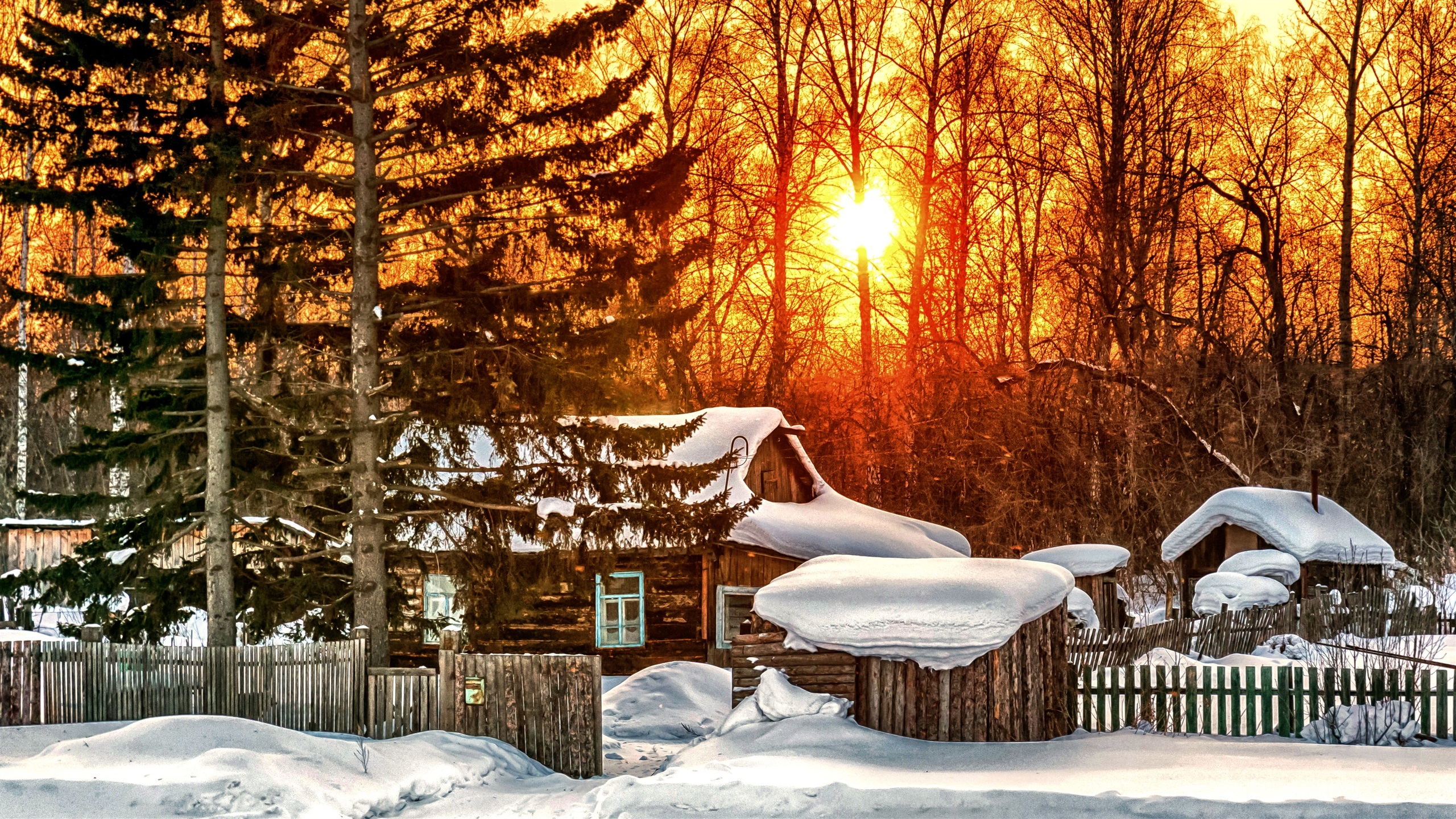 Winter, trees, house, sunrise, snow wallpaper | travel and world ...