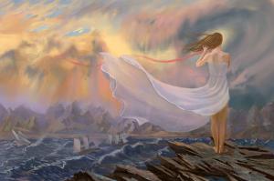 Artwork, Women, Sea, Waves, Sailing Ships, Wind, Painting wallpaper thumb