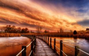 Wooden bridge, river, grass, nature sunset, clouds, red sky wallpaper thumb