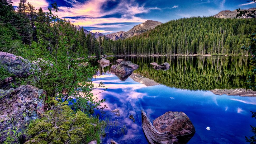 HDR Forest Trees Lake Reflection Rocks Stones HD wallpaper,nature HD wallpaper,trees HD wallpaper,lake HD wallpaper,forest HD wallpaper,rocks HD wallpaper,stones HD wallpaper,reflection HD wallpaper,hdr HD wallpaper,1920x1080 wallpaper