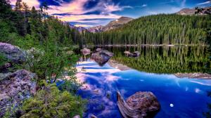 HDR Forest Trees Lake Reflection Rocks Stones HD wallpaper thumb