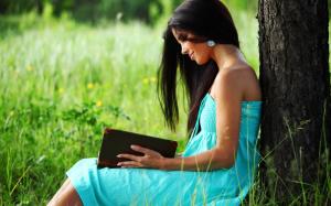 Blue dress girl reading a book under the tree wallpaper thumb