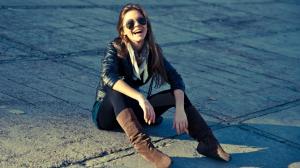 Women, Brunette, Sunglasses, Smiling, Sitting, Leather Jackets, Leather Boots, Scarf wallpaper thumb