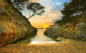 Nature, Landscape, Sunrise, Beach, Sand, Trees, Rock, Coast, Sea wallpaper thumb