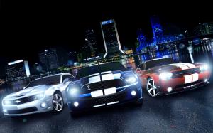 Dodge Challenger, Ford Mustang, Chevrolet Camaro, front view, night, lights wallpaper thumb