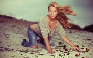 Women, Jeans, Blonde, Sand, Necks, Model wallpaper thumb