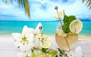 Light, summer, cocktail, fruits, beach, drinks, lemon, sky, sea wallpaper thumb