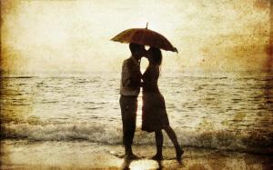 man, woman, rain, sea, surf, love, silhouettes, romance wallpaper thumb