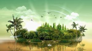 3D creative pictures, island, palm trees, swans, birds wallpaper thumb