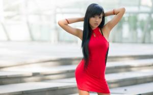 Red dress asian girl, look, long hair wallpaper thumb