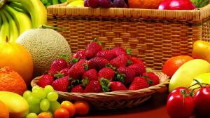 Still life, fruits, strawberries, tomatoes, kumquats, cantaloupe, bananas, grapes wallpaper thumb