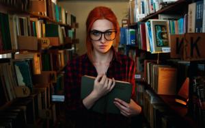Red hair girl, freckles, glasses, library, reading book wallpaper thumb