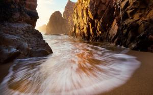 Ocean, beach, cliff, summer, sun rays wallpaper thumb