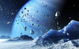 Asteroids orbiting the frozen planet wallpaper thumb