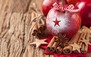 Apples Red Bow Ribbon Sticks Cinnamon Star Anise Christmas Winter wallpaper thumb