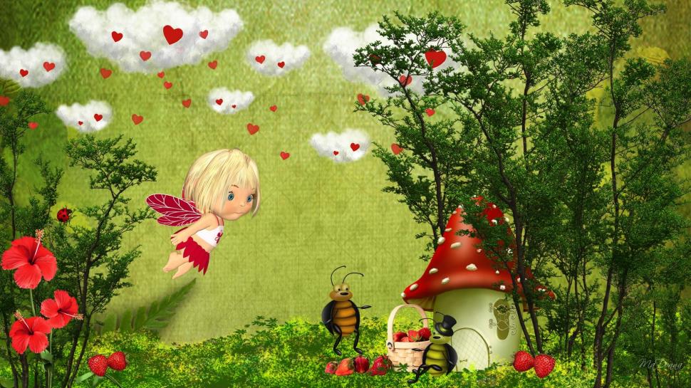 Fairy Visiting Bugs wallpaper,trees HD wallpaper,fairy HD wallpaper,clouds with hearts HD wallpaper,strawberries HD wallpaper,lady bug HD wallpaper,whimsical HD wallpaper,bugs HD wallpaper,flowers HD wallpaper,3d & abstract HD wallpaper,1920x1080 wallpaper