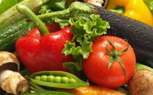 Vegetables, Red pepper, Tomato, Eggplant, Pea, Water drops, Fresh, Close Up wallpaper thumb