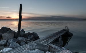 Lake Dock Post Rocks Stones Sunset HD wallpaper thumb