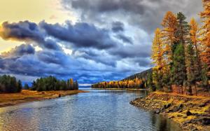River, forest, clouds, morning, autumn wallpaper thumb