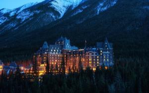 Alberta, Banff National Park, Canada, mountains, hotel, trees, evening, lights wallpaper thumb
