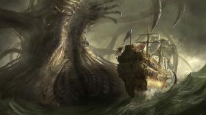 Kraken Ship Schooner Ocean Monster Giant Drawing HD wallpaper thumb