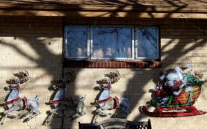 christmas, reindeer, sleigh, santa claus, house, window, garlands wallpaper thumb