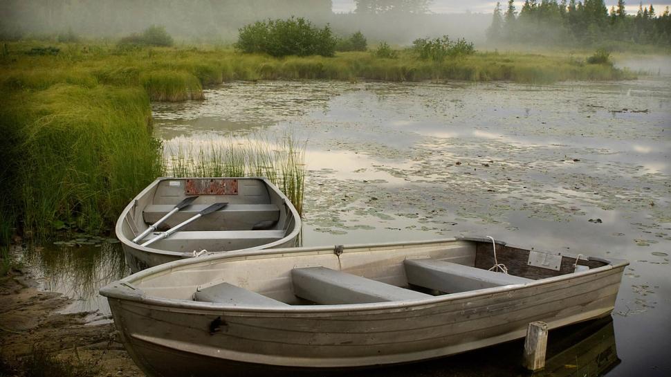 Rowboats In Misty Morning Lake wallpaper,grass HD wallpaper,mist HD wallpaper,lake HD wallpaper,boats HD wallpaper,1920x1080 wallpaper