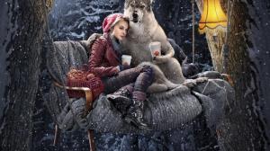 red riding hood, dog, girl, wolf, forest, winter, composition wallpaper thumb
