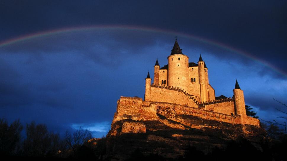 Rainbow Over Castle On A Cliff wallpaper,cliff HD wallpaper,castle HD wallpaper,night HD wallpaper,rainbow HD wallpaper,nature & landscapes HD wallpaper,1920x1080 wallpaper